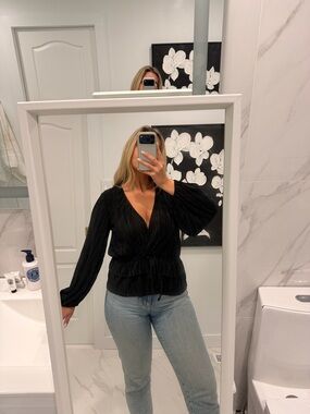 Zara Black Pleated V-Neck Wrap Blouse